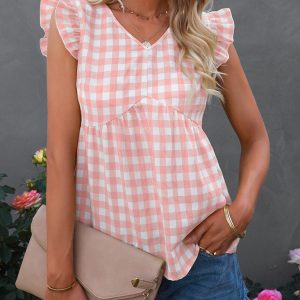 Women's V-neck sleeveless Plaid top