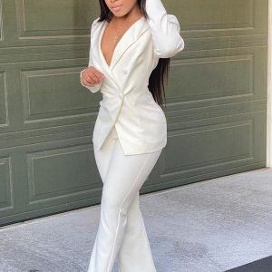 Elegant Double-Breasted Flared Pantsuit