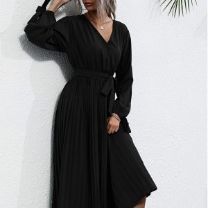 Women's Solid Color V-Neck Cutout Long Sleeve Dress