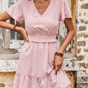 Floral Dress Pink Casual V-Neck Ruffle Dress