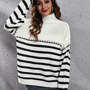 Women's striped patchwork off shoulder high neck knitted sweater