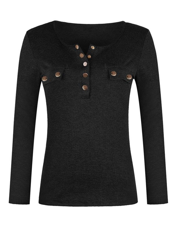 Women's Solid Color Long Sleeve Button Knit Top - Image 9