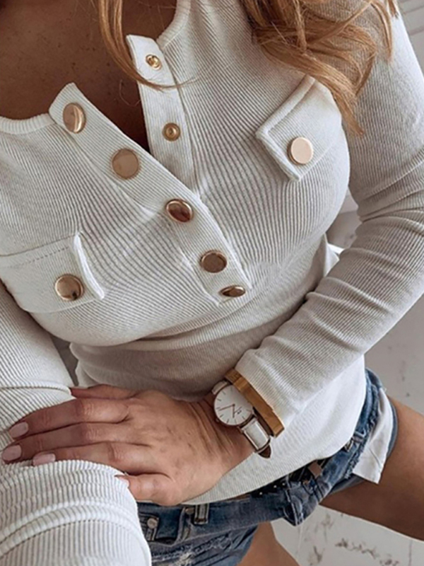 Women's Solid Color Long Sleeve Button Knit Top - Image 3