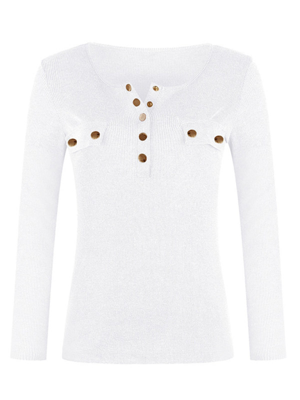 Women's Solid Color Long Sleeve Button Knit Top - Image 11