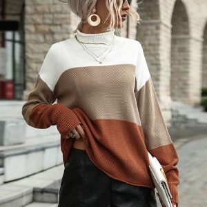 Fashion Women's Long Sleeve Colorblock Half Turtleneck Sweater