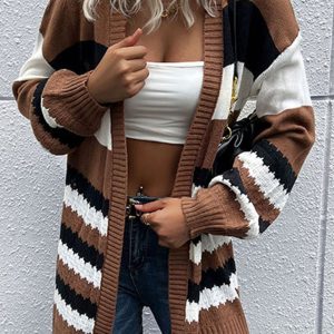 women's fashion coat color block long sleeve sweater cardigan