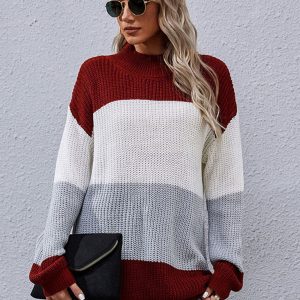 Women's Long Sleeve Colorblock Mid Length Sweater Casual