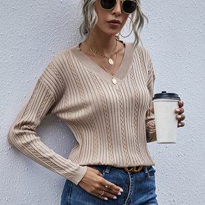 women's solid color twisted v-neck knitted forest sweater