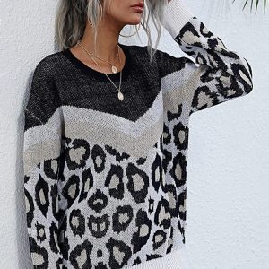 women's loose European and American mid-length round neck knitted sweater