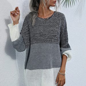 Women's European and American Crew Neck Long Sleeve Contrast Knit Sweater