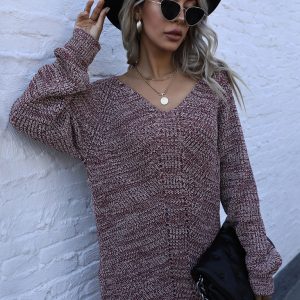 Women's Mid Length Mixed Color Long Sleeve Loose V-Neck Sweater