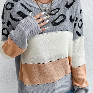 Women's Long Sleeve Leopard Contrast Knit Sweater