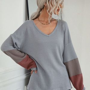 Autumn Colorblock Long Sleeve Grey V-Neck Knit Sweater