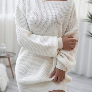 Women's straight neck casual loose knit wool dress
