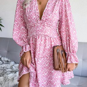 Women's V-neck flower wood ear Long Sleeve Chiffon Dress