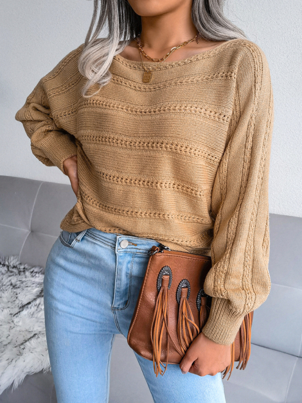 Women's straight neck off shoulder hollow out fried dough twist casual knitted sweater - Image 5