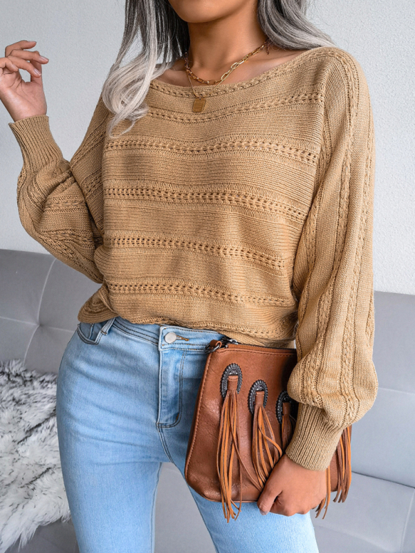 Women's straight neck off shoulder hollow out fried dough twist casual knitted sweater - Image 4