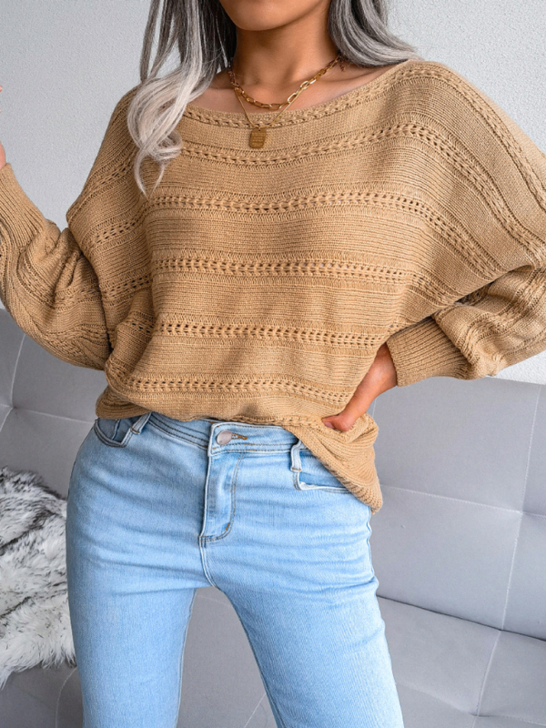 Women's straight neck off shoulder hollow out fried dough twist casual knitted sweater - Image 6