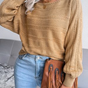 Women's straight neck off shoulder hollow out fried dough twist casual knitted sweater