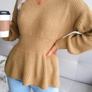 Women's Lantern Sleeve waist closed hem Ruffle knitted sweater
