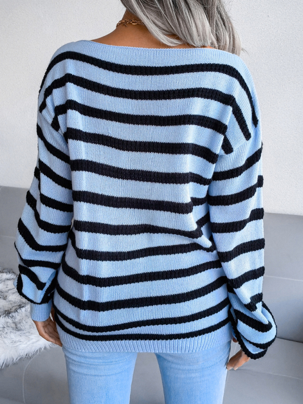 Women's straight neck off shoulder casual loose stripe knitted sweater - Image 11