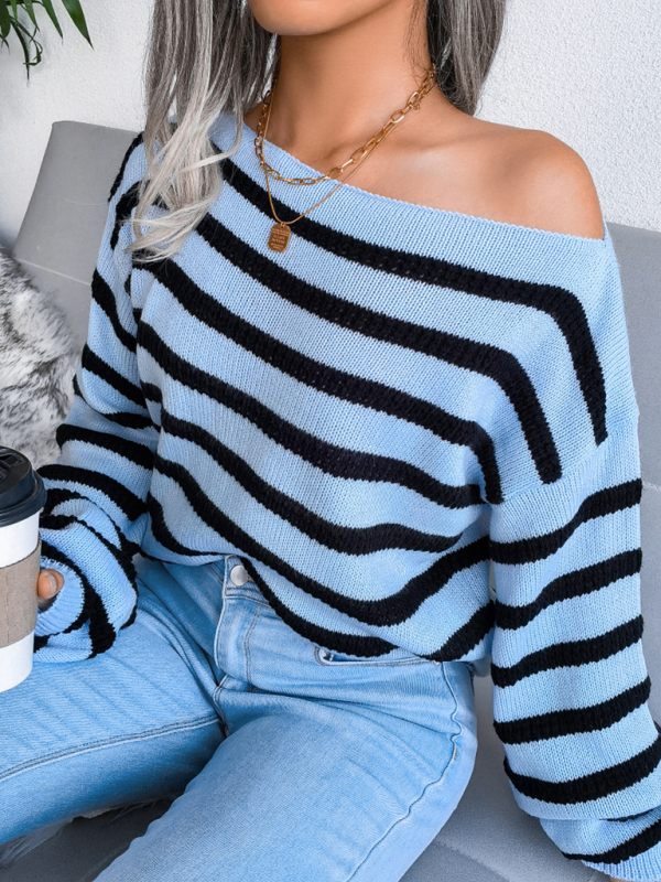 Women's straight neck off shoulder casual loose stripe knitted sweater - Image 2