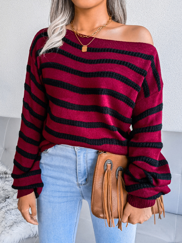 Women's straight neck off shoulder casual loose stripe knitted sweater - Image 6