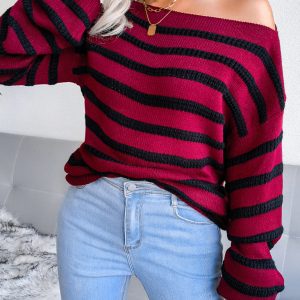Women's straight neck off shoulder casual loose stripe knitted sweater