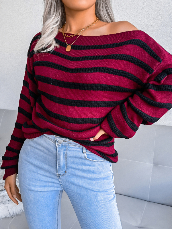 Women's straight neck off shoulder casual loose stripe knitted sweater - Image 7