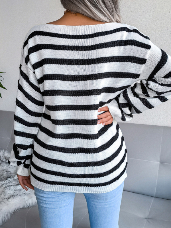 Women's straight neck off shoulder casual loose stripe knitted sweater - Image 12