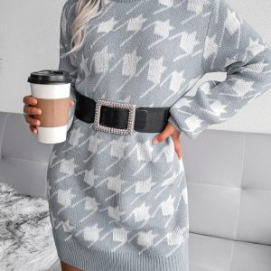 Women's leisure Lantern Sleeve thousand bird lattice knitted wool dress