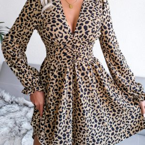 Women's Sexy Leopard Print waist Pleated Dress