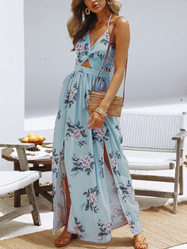 Women's halter V-neck chiffon print dress sexy split beach dress - Image 2