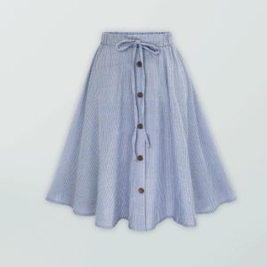 Women's Elastic Waist Button-Up Striped Skirt