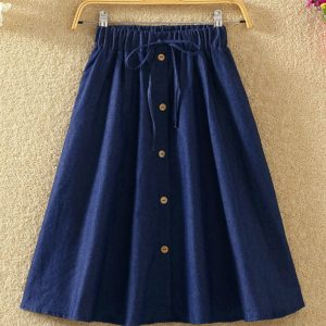 Elastic Waist Button-Down A-Line Denim Skirt