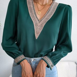 Women's temperament lace V-neck Long Sleeve Chiffon shirt