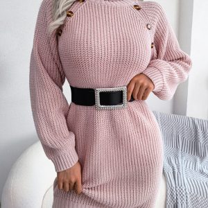 Women's casual button high neck long sleeve bottomed fur dress