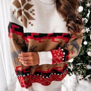 Patterned Graphic Knit Long Sleeve Sweater