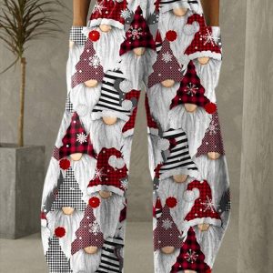 Christmas Gnome Print Wide Leg Pants