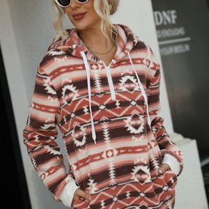 Women's Hooded Fleece Christmas Graphic Print Zip-Up Top