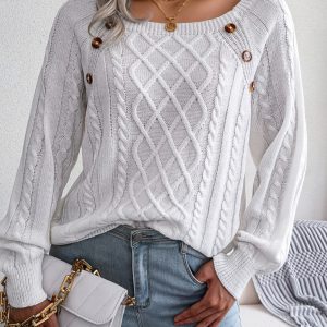 Women's Square Neck Button Twist Knit Pullover Sweater