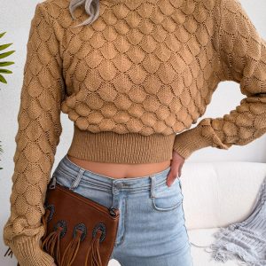 Women's Diamond Cutout Long Sleeve Crop Knit Sweater