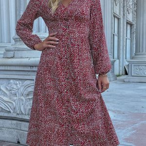 V -neck single -breasted cross -border long -sleeved dress autumn