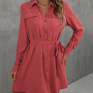 Women's dress red long -sleeved lapel -style skirt