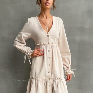 Women's splicing wooden ear dress V-neck long-sleeved dress