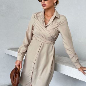 Women's design sense long-sleeved cardigan mid-length lapel shirt dress