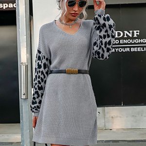 Women's leopard print splicing casual loose sweater dress (without belt)