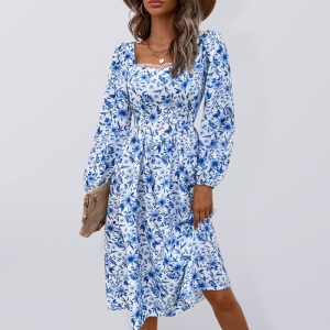 Women's square neck print vintage dress