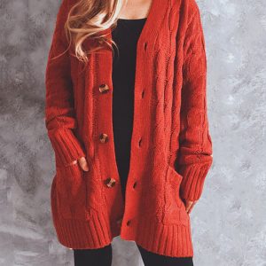 Single Breasted Twist Pocket Long Sleeve Knit Sweater Cardigan
