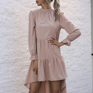 Women's High-Neck Ruffle Hem Long Sleeve Dress